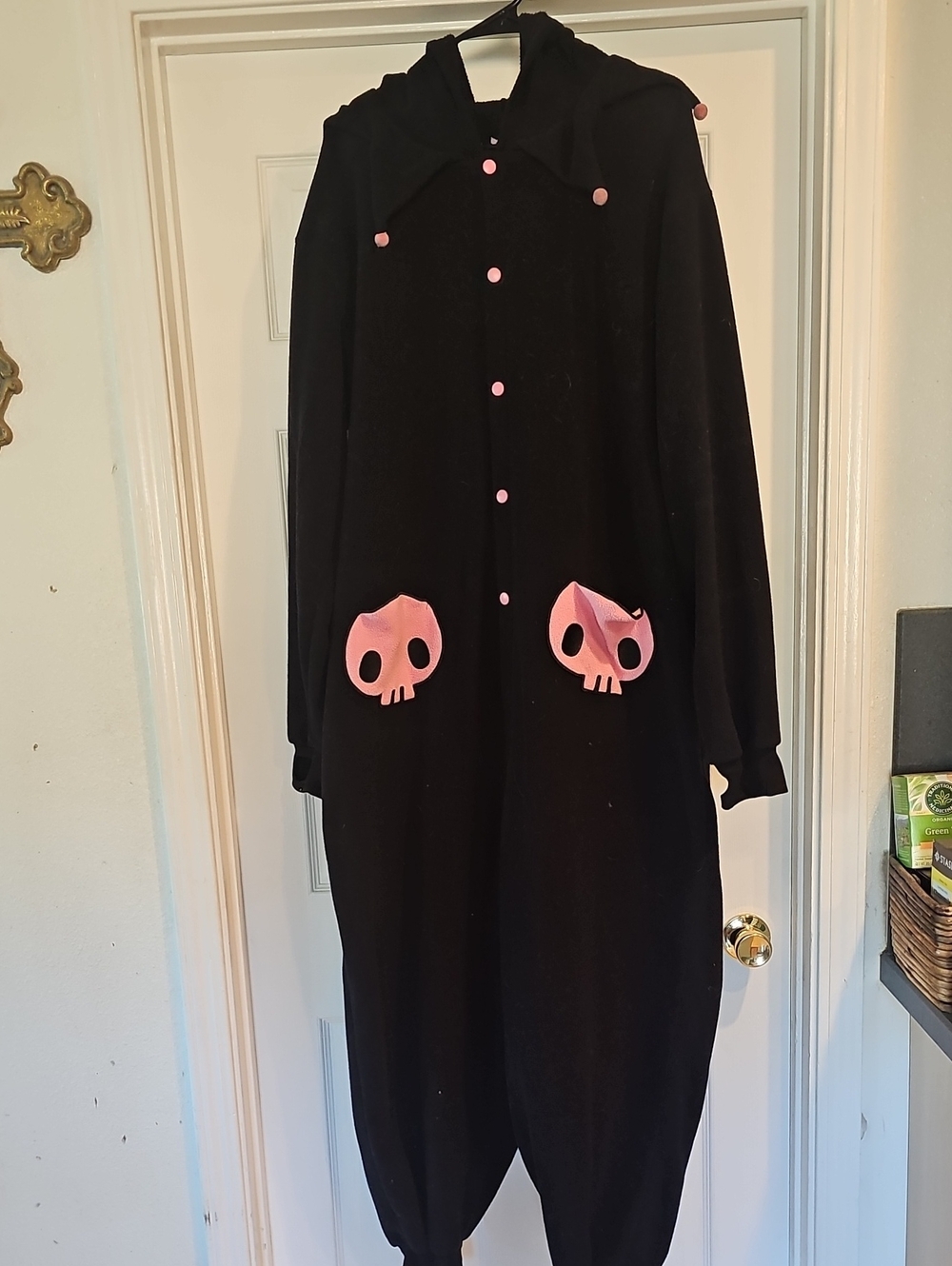 Black Hooded Onesie with Pink Skull Pockets